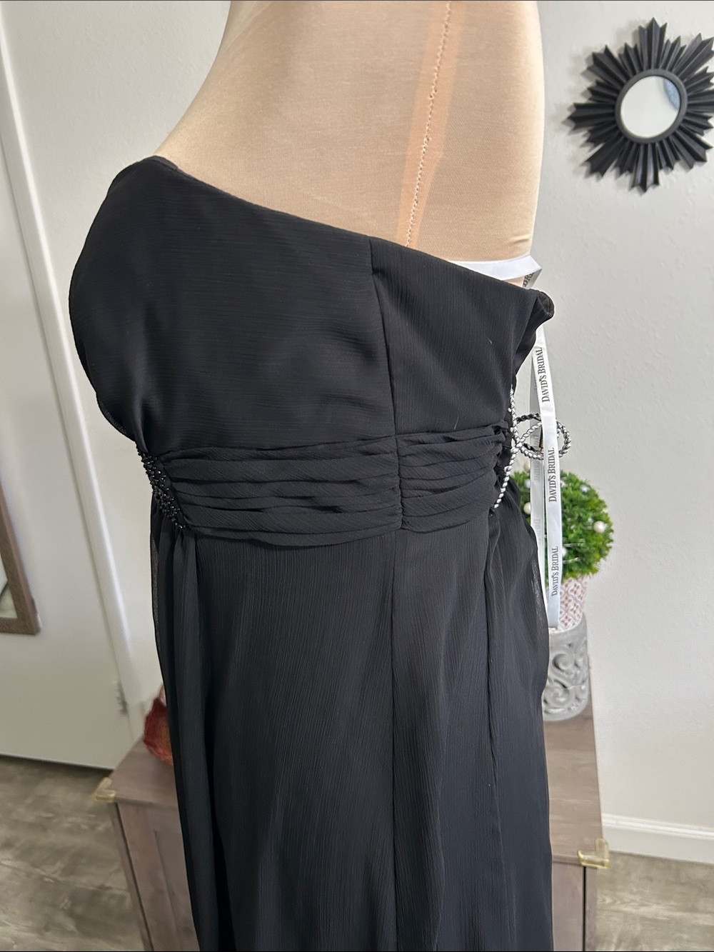 David's ❤️ Bridal Strapless Black Chiffon Evening Gown with Beaded Waist - Picture 6 of 11
